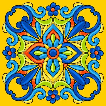 Mexican talavera ceramic tile pattern. Decoration with ornamental flowers イラスト素材