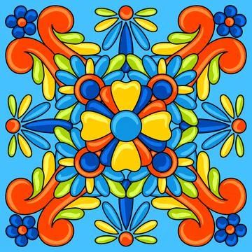 Mexican talavera ceramic tile pattern. Decoration with ornamental flowers イラスト素材