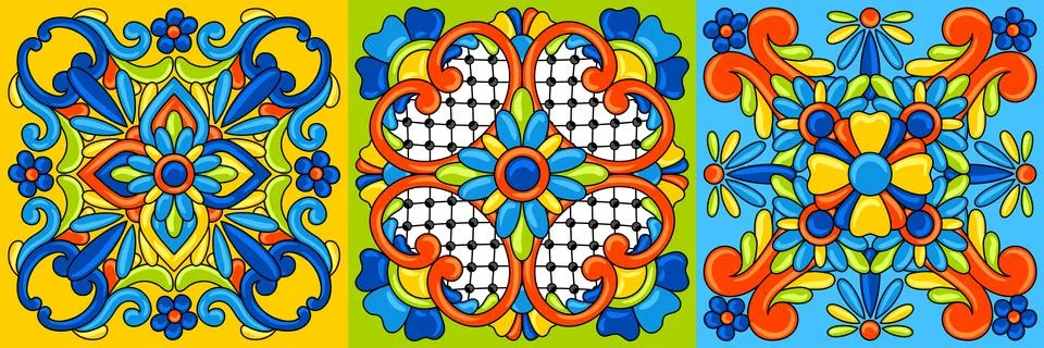 Mexican talavera ceramic tile pattern. Decoration with ornamental flowers Illustrazione stock