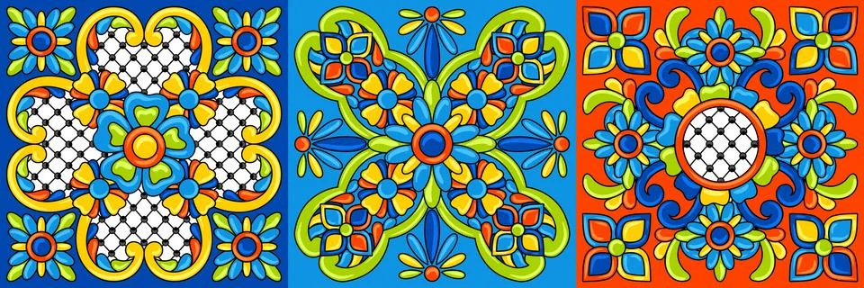Mexican talavera ceramic tile pattern. Decoration with ornamental flowers 스톡 일러스트