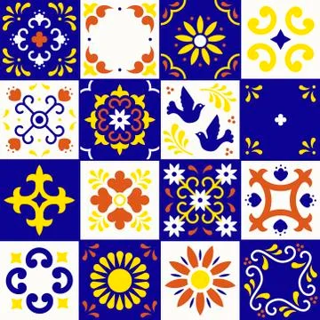 Mexican talavera pattern. Ceramic tiles with flower, leaves and bird ornaments Stock Illustration