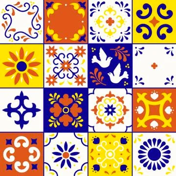 Mexican talavera pattern. Ceramic tiles with flower, leaves and bird ornaments Stock Illustration
