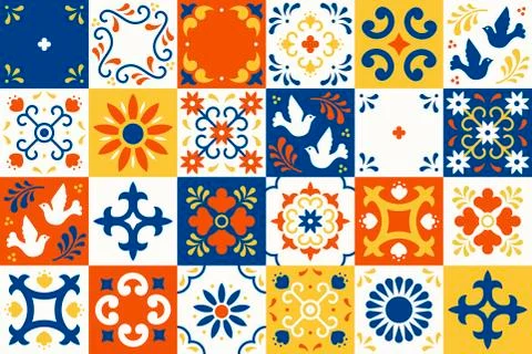 Mexican talavera pattern. Ceramic tiles with flower, leaves and bird ornaments Stock Illustration