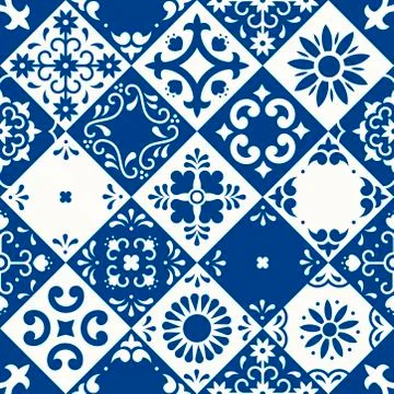 Mexican talavera seamless pattern. Ceramic tiles with flower, leaves and bird Stock Illustration