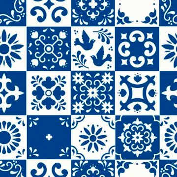 Mexican talavera seamless pattern. Ceramic tiles with flower, leaves and bird Illustrazione stock