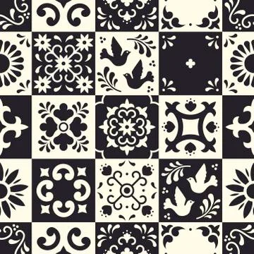 Mexican talavera seamless pattern. Ceramic tiles with flower, leaves and bird Stock Illustration