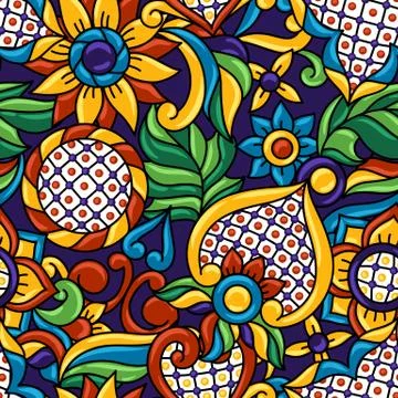 Mexican talavera seamless pattern. Decorative background with ornamental flowers Stock Illustration