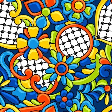 Mexican talavera seamless pattern. Decorative background with ornamental flowers Stock Illustration