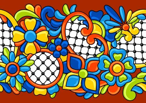 Mexican talavera seamless pattern. Decorative background with ornamental flowers Stock Illustration