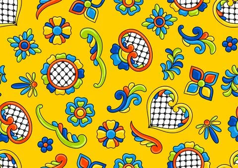 Mexican talavera seamless pattern. Decorative background with ornamental flowers 스톡 일러스트