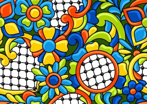 Mexican talavera seamless pattern. Decorative background with ornamental flowers 스톡 일러스트