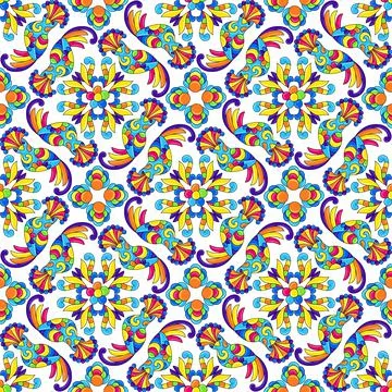Mexican talavera seamless pattern with tropical crowned fly-eater birds 스톡 일러스트