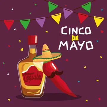 Mexican tequila bottle and chilli with mustache of Cinco de mayo vector design Stock Illustration