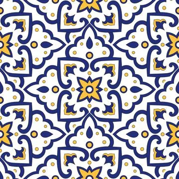 Mexican tile pattern vector with scale blue, yellow and white mosaic ornament Stock Illustration