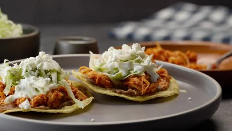 Mexican toasts on a gray plate, close up Stock Footage 281392991