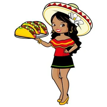 Mexican waitress serving tacos. Vector illustration Stock Illustration