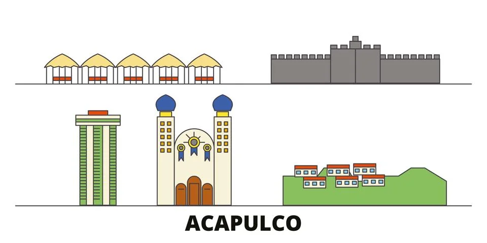 Mexico, Acapulco flat landmarks vector illustration. Mexico, Acapulco line city Stock Illustration