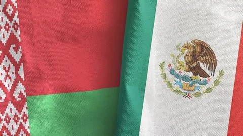 Mexico and Belarus two flags textile cloth 3D rendering Stock Illustration