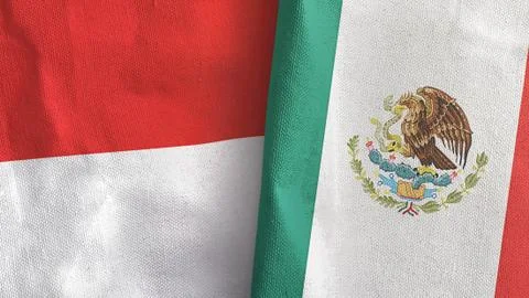 Mexico and Indonesia two flags textile cloth 3D rendering 스톡 일러스트