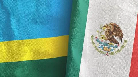 Mexico and Rwanda two flags textile cloth 3D rendering Stock Illustration