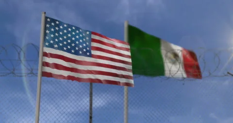 Mexico and USA waving flags with barbed wire border Video stock 303996418