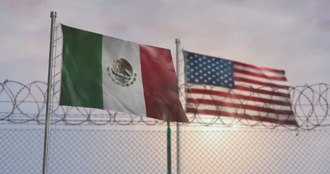 Mexico and USA waving flags with barbed wire fence Stock Footage 303996612