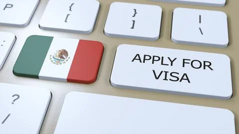 Mexico, Apply for Visa Concept. Button Push 3D Illustration. Visa Apply for Illustrazione stock