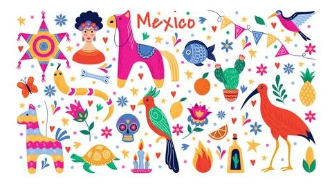 Mexico art pattern, mexican stickers. Nature flowers, sombrero and funny anim Illustrazione stock