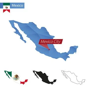 Mexico blue Low Poly map with capital Mexico City. Stock Illustration
