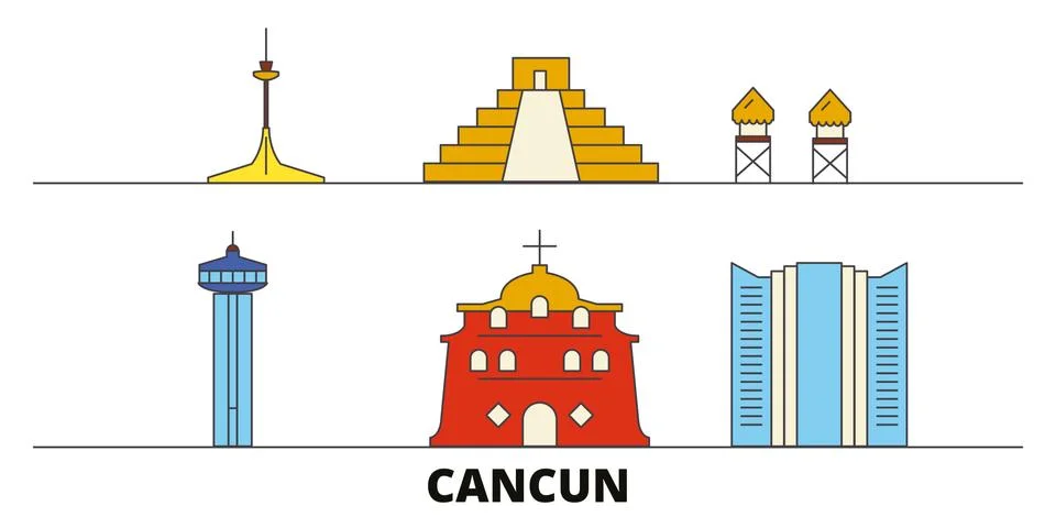 Mexico, Cancun flat landmarks vector illustration. Mexico, Cancun line city with Ilustración de archivo