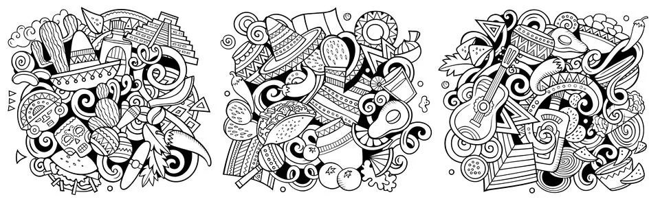 Mexico cartoon vector doodle designs set. Stock Illustration