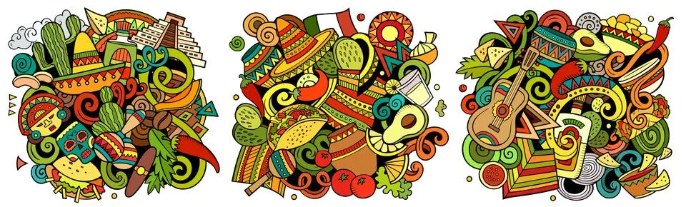 Mexico cartoon vector doodle designs set. Stock Illustration