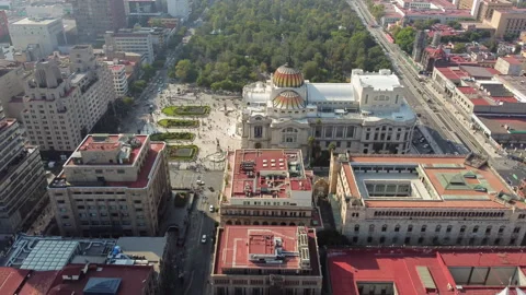 Mexico City: Aerial view of marble building Palacio de Bellas Artes, art museum Stock-Footage 166345297