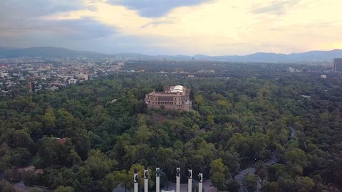 Mexico City: Castillo de Chapultepec aerial sunset scene Stock Footage 93159688