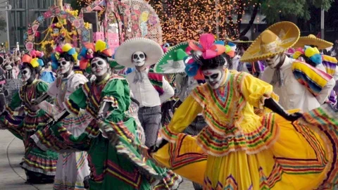Mexico City, Mexico, October 27th, 2018: Day of the dead parade women dancing Stock Footage