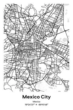 Mexico City, Mexico - vector map of city in Black, white, gray, BW colors Stock Illustration
