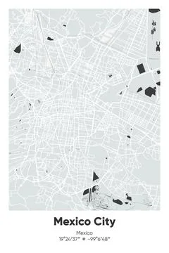 Mexico City, Mexico - vector map of city in Gray, Black, White, BW colors Stock Illustration