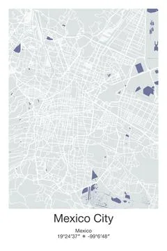 Mexico City, Mexico - vector map of city in Gray, Blue, Green, White colors Stock Illustration