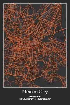 Mexico City, Mexico - vector map of city in Gray, Black, Orange colors Stock Illustration