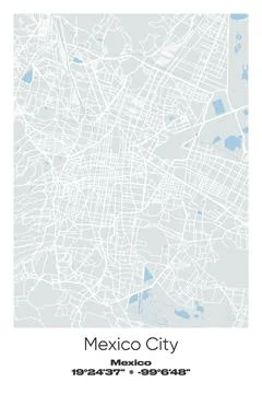 Mexico City, Mexico - vector map of city in Gray, white, green, blue colors Stock Illustration