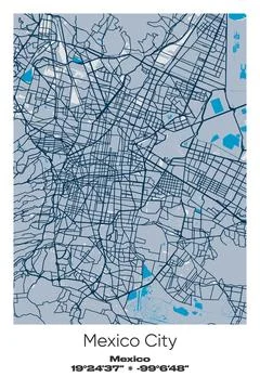 Mexico City, Mexico - vector map of city in Blue, Gray, Yellow, Olive colors Stock Illustration