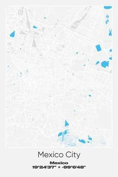 Mexico City, Mexico - vector map of city in Gray, white, blue colors Stock Illustration