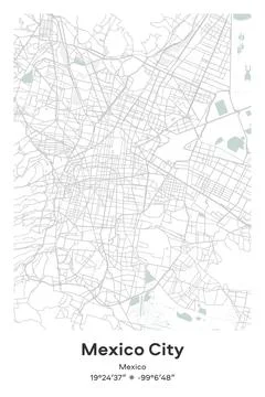 Mexico City, Mexico - vector map of city in Pastel, Gray, White, Green colors Stock Illustration