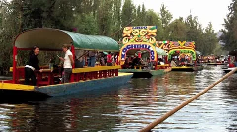 Mexico City Xochimilco River Boats Stock Footage