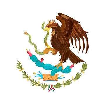 Mexico Coat of Arms Emblem Featuring Golden Eagle Perched on Nopal Cactus D.. Stock Illustration