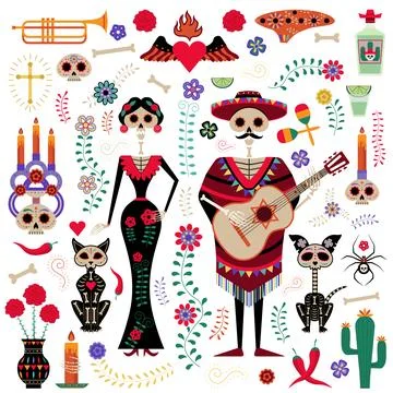 Mexico Day of the Dead Design Elements Set Stock Illustration