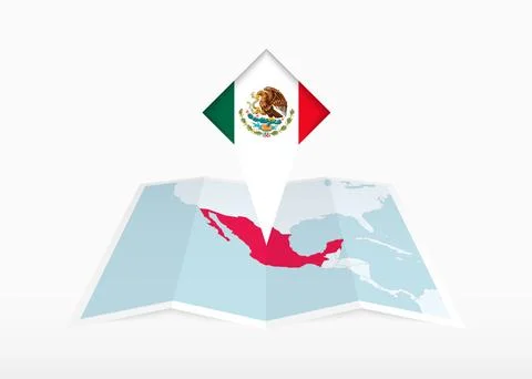 Mexico is depicted on a folded paper map and pinned location marker with fl.. Stock Illustration