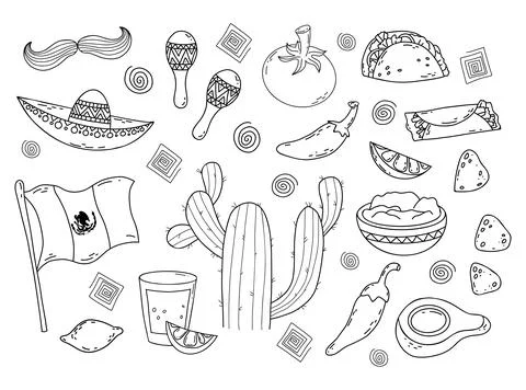 Mexico doodle set. Elements of Mexican Culture Traditional Symbols, Food, flag Illustrazione stock