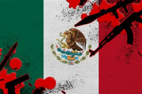 Mexico flag and various weapons in red blood. Concept for terror attack and m Stock Illustration