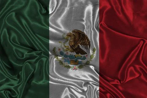 Mexico Flag With Eagle Emblem On Cactus, Silky Draped Fabric Background Stock Photos
